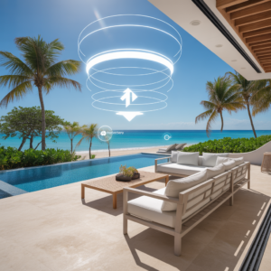 Vista interactiva con hotspos 360 de la piscina de una villa Airbnb en Punta Cana, República Dominicana