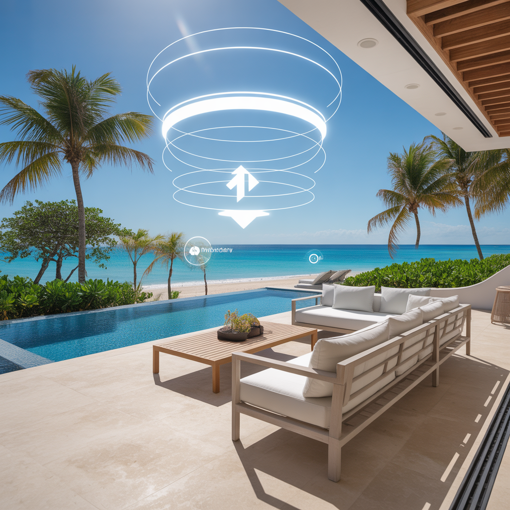 Vista interactiva con hotspos 360 de la piscina de una villa Airbnb en Punta Cana, República Dominicana